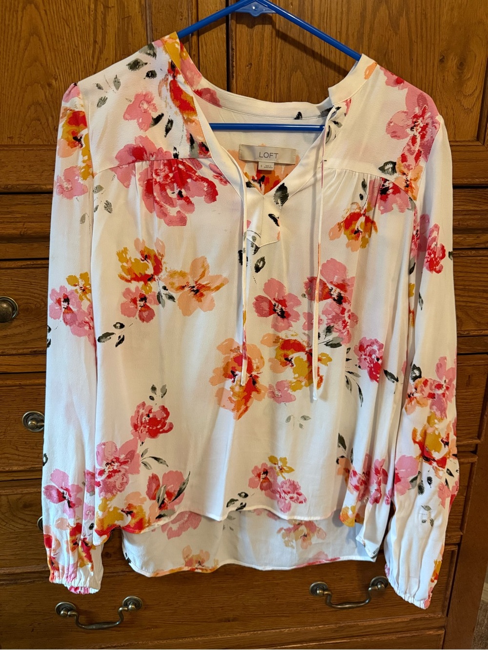 LOFT Floral Tie-Neck Blouse in White with Pink & Yellow Flowers